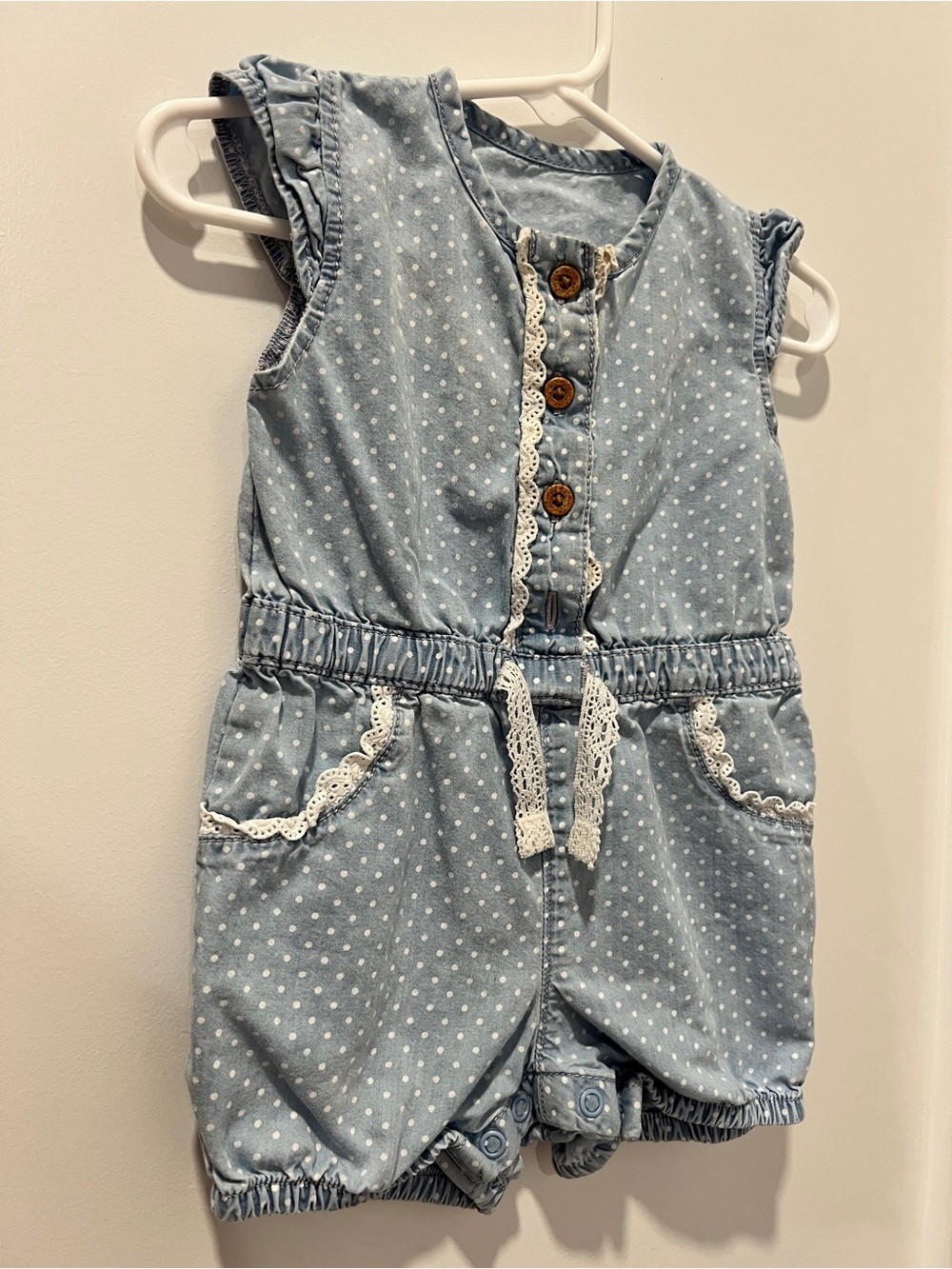 George 6–9M Chambray Polka Dot Romper | Lace Trim Baby Girl Bubble Romper
